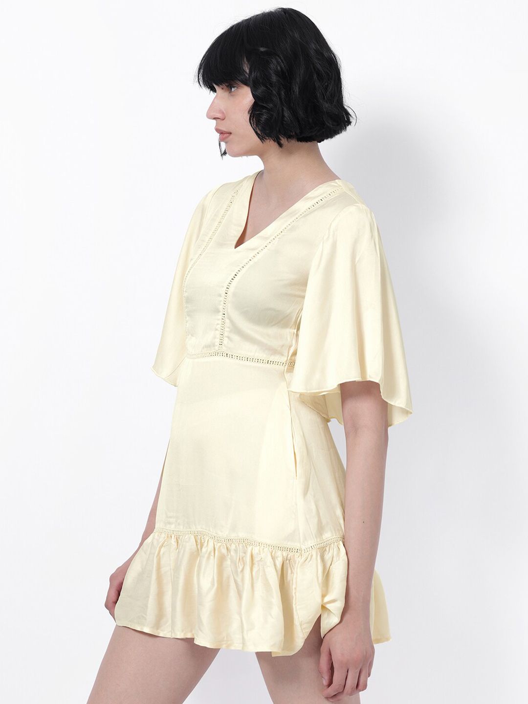RAREISM V-Neck Flared Sleeves Cotton A-Line Mini Dress