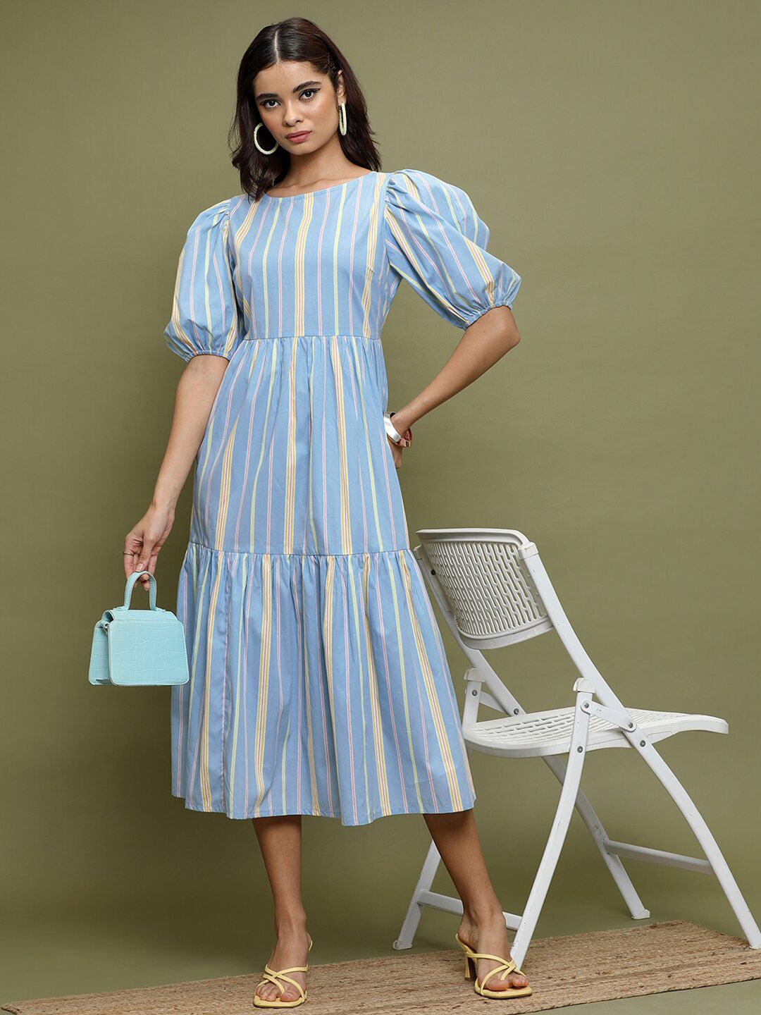Vishudh Striped Puff Sleeves Gathered Cotton A-Line Midi Dress