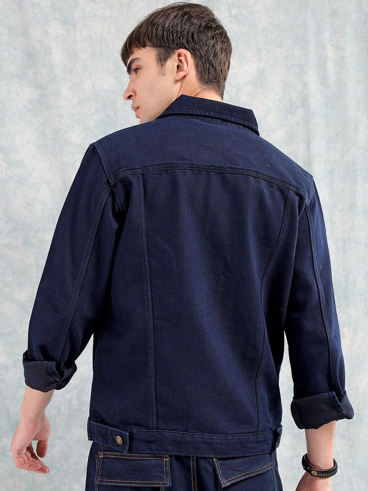 The Indian Garage Co Men Graphic Print Slim Fit Denim Jacket with Double Flap Pockets