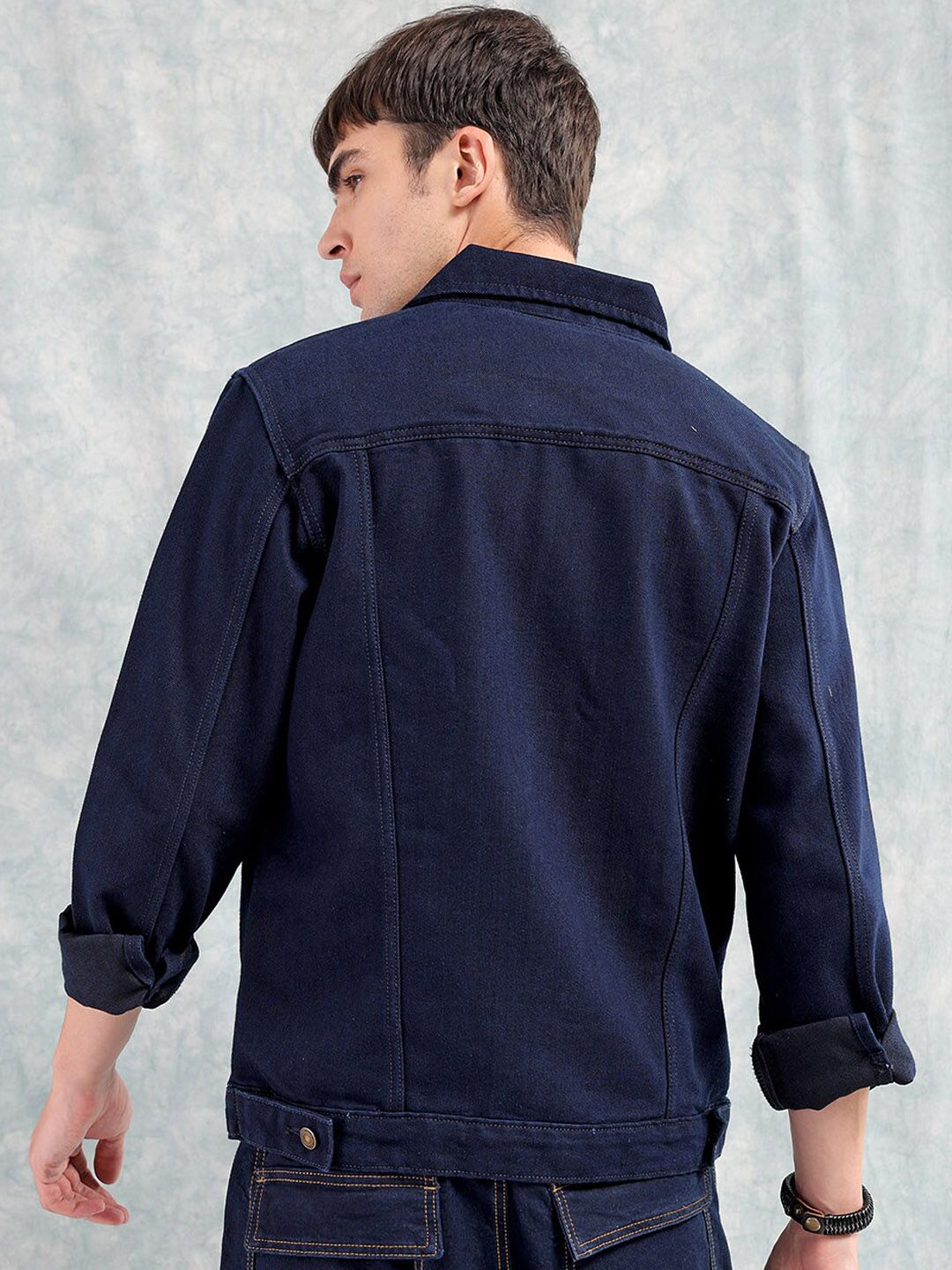 The Indian Garage Co Men Graphic Print Slim Fit Denim Jacket with Double Flap Pockets
