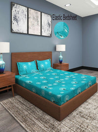 KLOTTHE Blue & White Floral 300 TC Fitted Super King Double Bedsheet with 2 Pillow Covers