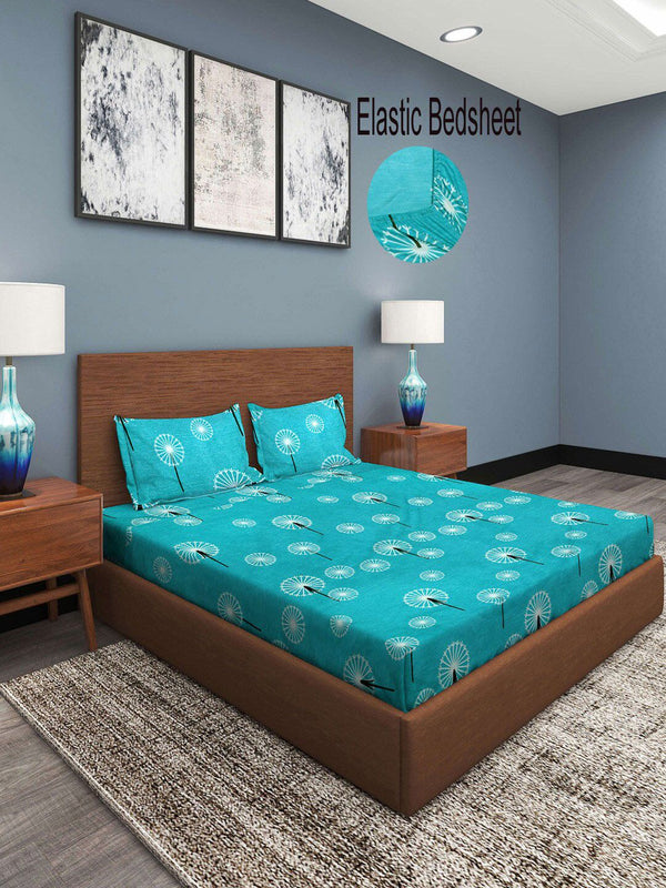 KLOTTHE Blue & White Floral 300 TC Fitted Super King Double Bedsheet with 2 Pillow Covers