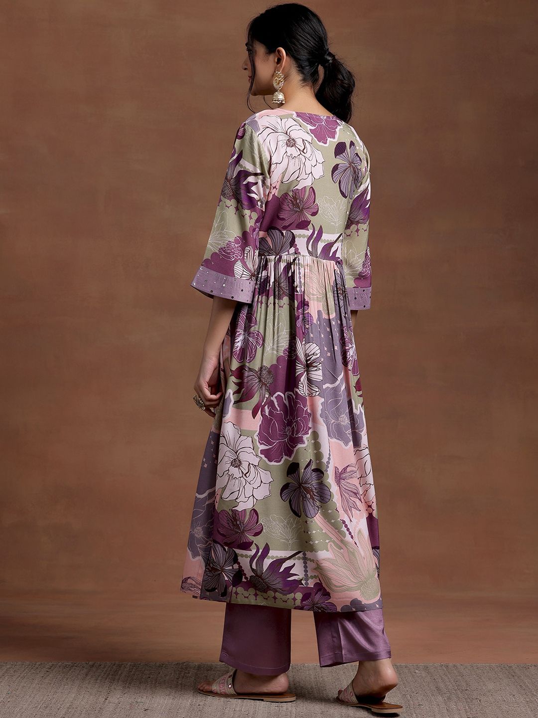 Libas V Neck Flared Sleeves Floral Printed Pleated A Line Kurta with Trouser