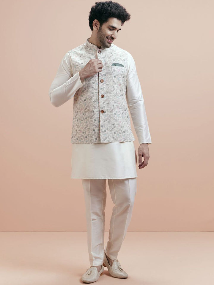 KISAH Mandarin Collar Jodhpuri Straight Kurta With Trousers & Nehru jacket