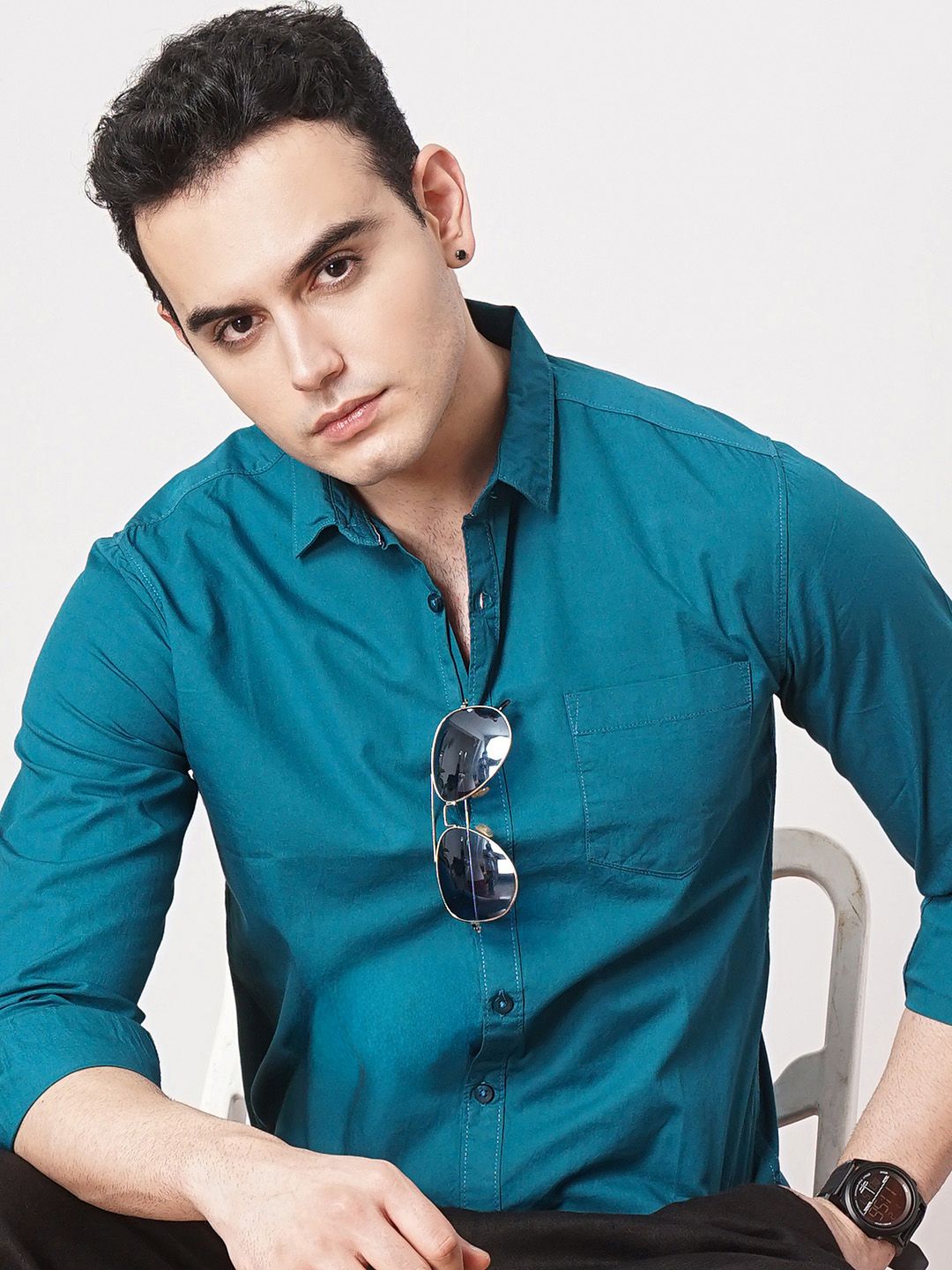 The Indian Garage Co Men Teal Blue Solid Pure Cotton Casual Shirt