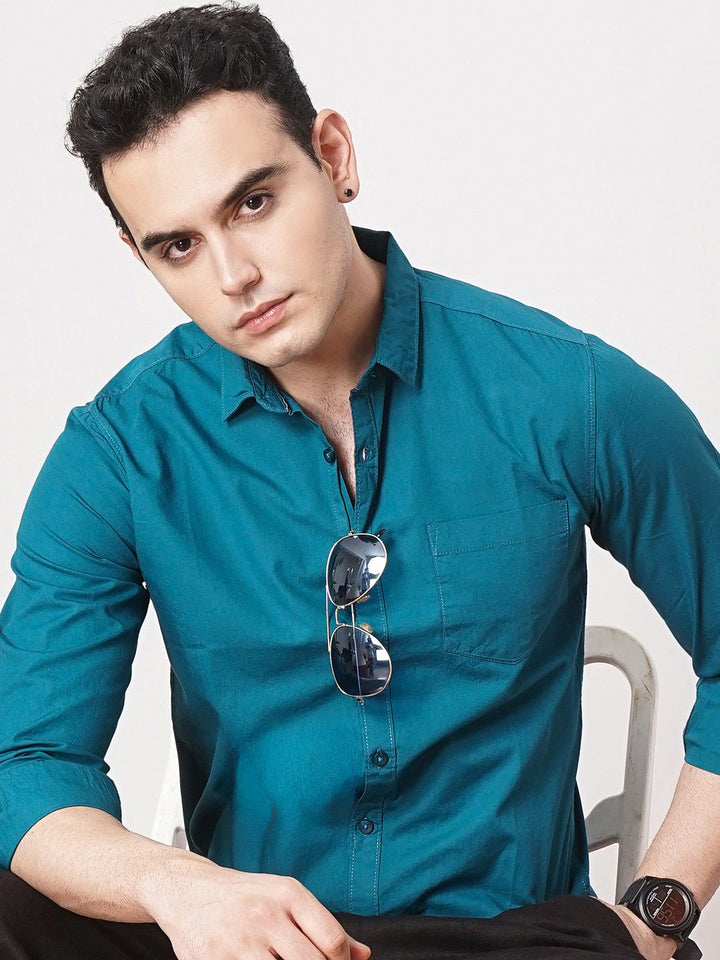 The Indian Garage Co Men Teal Blue Solid Pure Cotton Casual Shirt