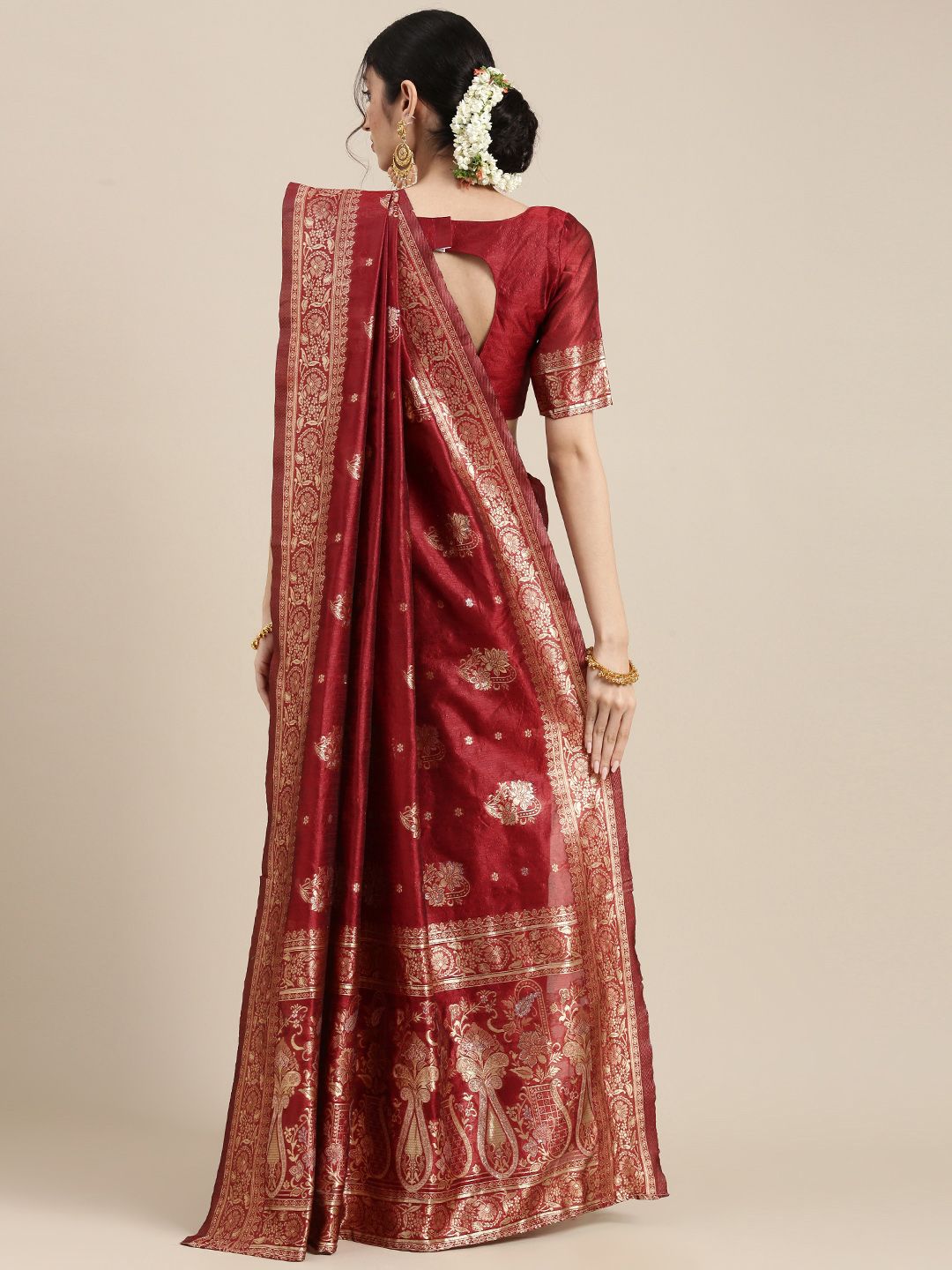 Saree mall Maroon Floral Silk Blend Banarasi Sarees