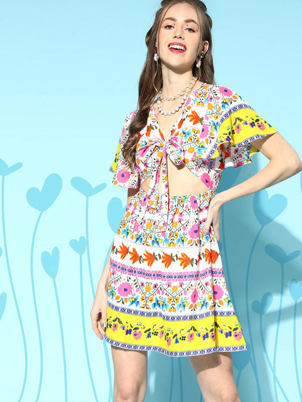 Berrylush White & Pink Floral Print Crepe A-Line Dress