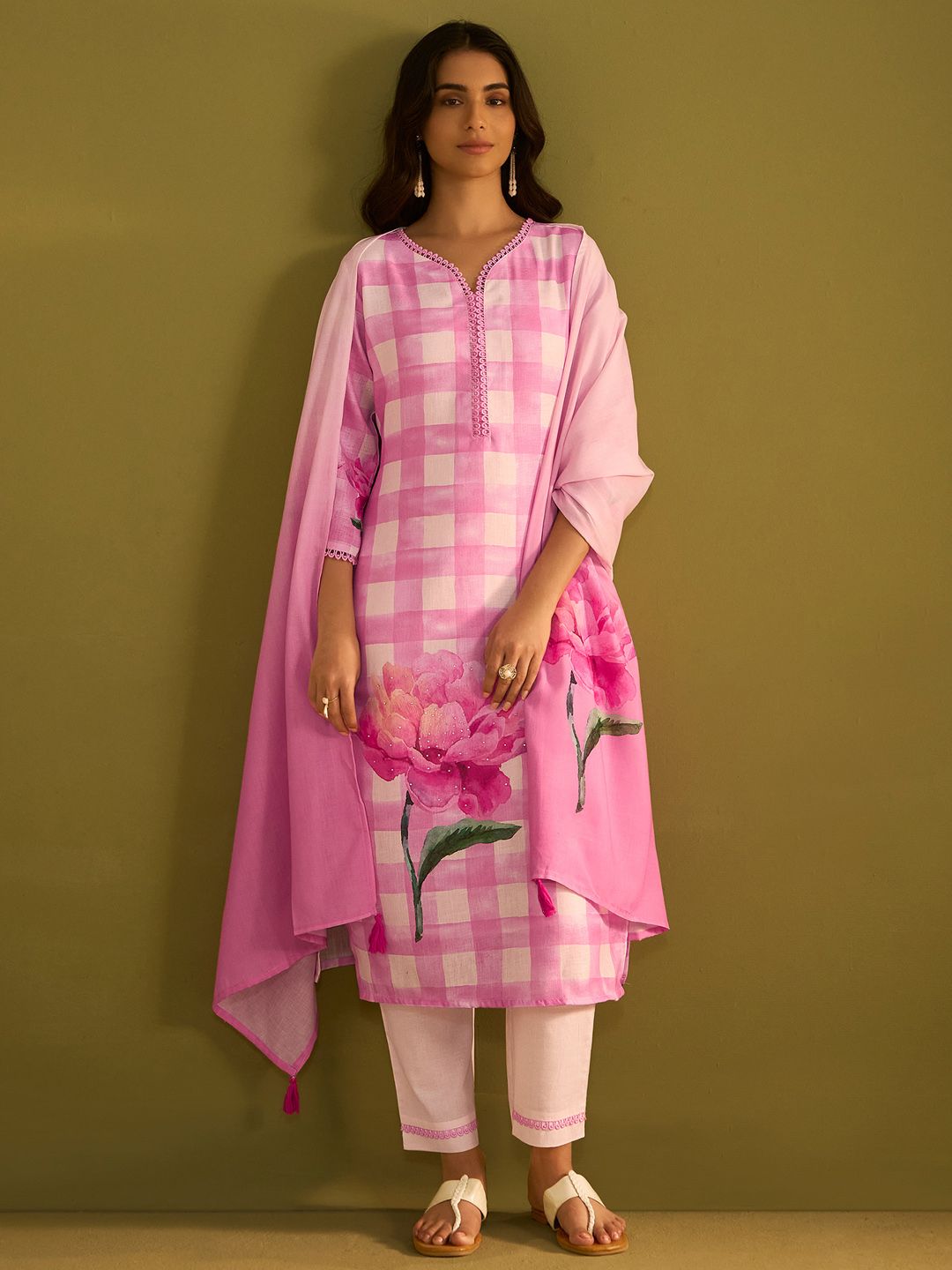 Indo Era Floral Printed Sweetheart Neck Stone Work Linen Kurta With Trouser & Dupattta