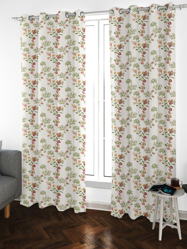 URBAN SPACE Pack of 2 White & Red Floral Printed Room Darkening Long Door Curtain