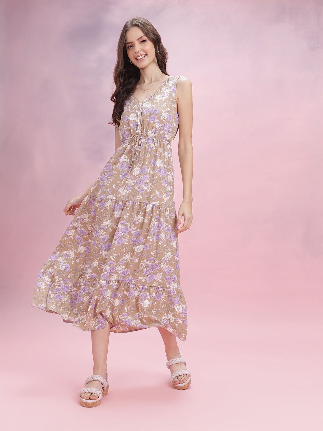 DressBerry V-Neck Floral Printed Tired A-Line Midi Dress