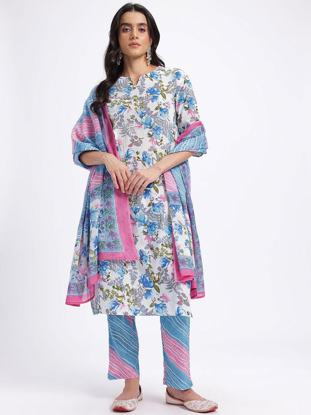 Anouk Floral Printed Pure Cotton Kurta dengan Seluar & Dupatta