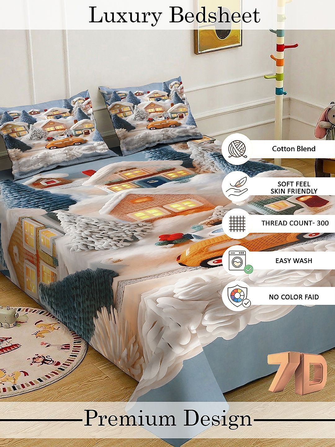 Myntra Elegant Homes Multicoloured Cartoon Characters 300 TC Bedsheet with 2 Pillow Covers