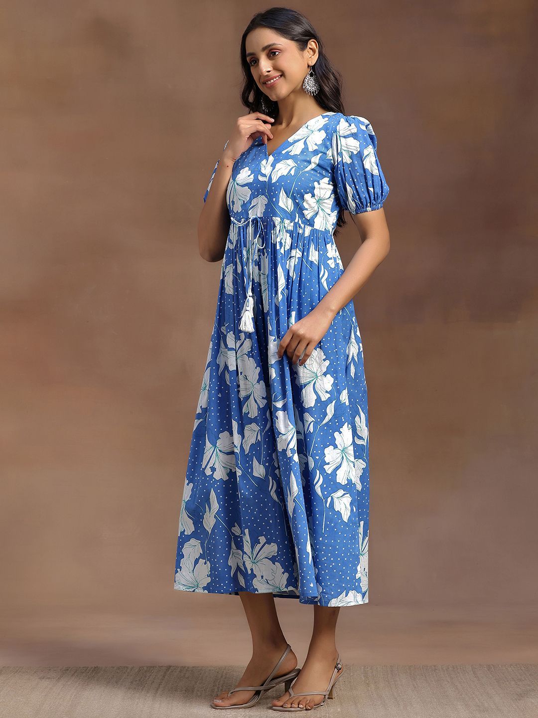 Libas Floral Print Puff Sleeve Fit & Flare Midi Dress