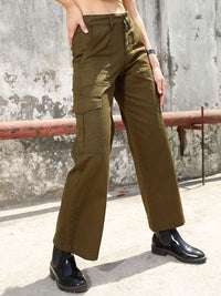 STREET 9 Women Olive Green Relaxed High-Rise Cargo Cotton Trousers