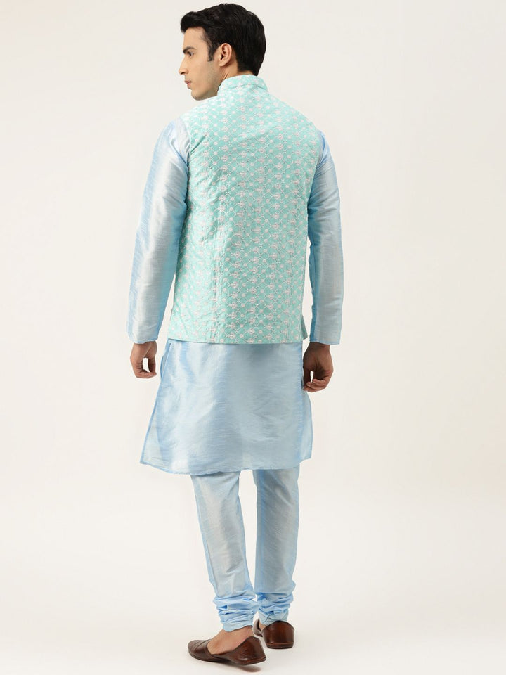 SOJANYA Men Turquoise Blue Thread Work Kurta with Churidar & Nehru Jacket