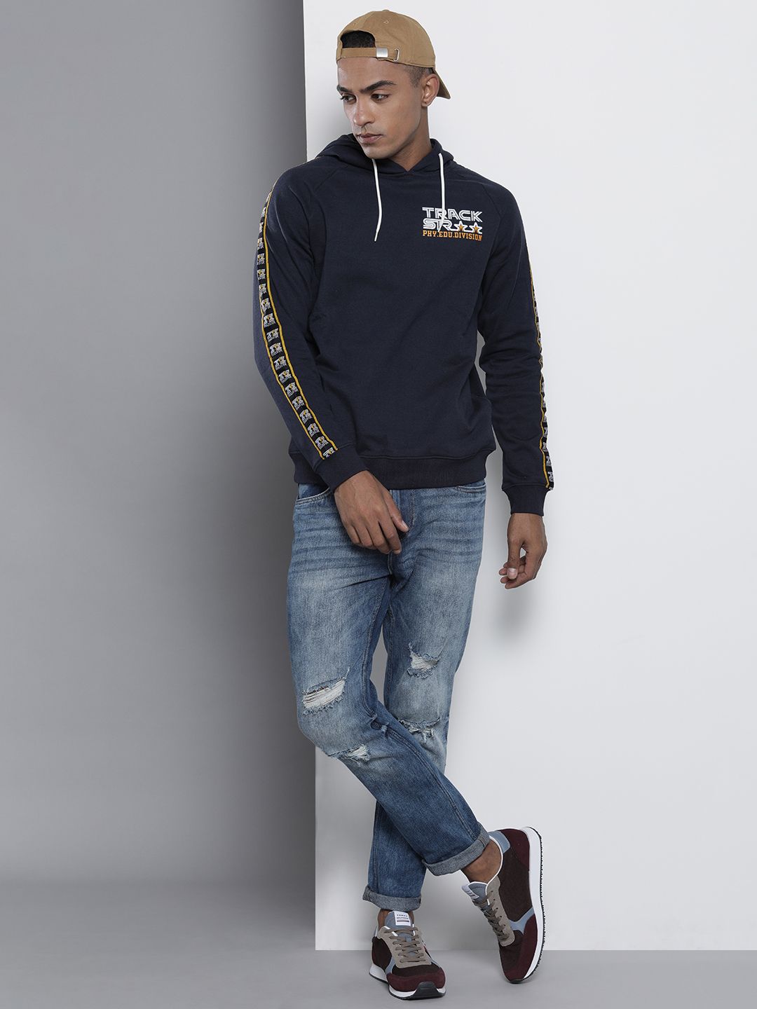 The Indian Garage Co Men Navy Blue Printed Hooded Sweatshirt