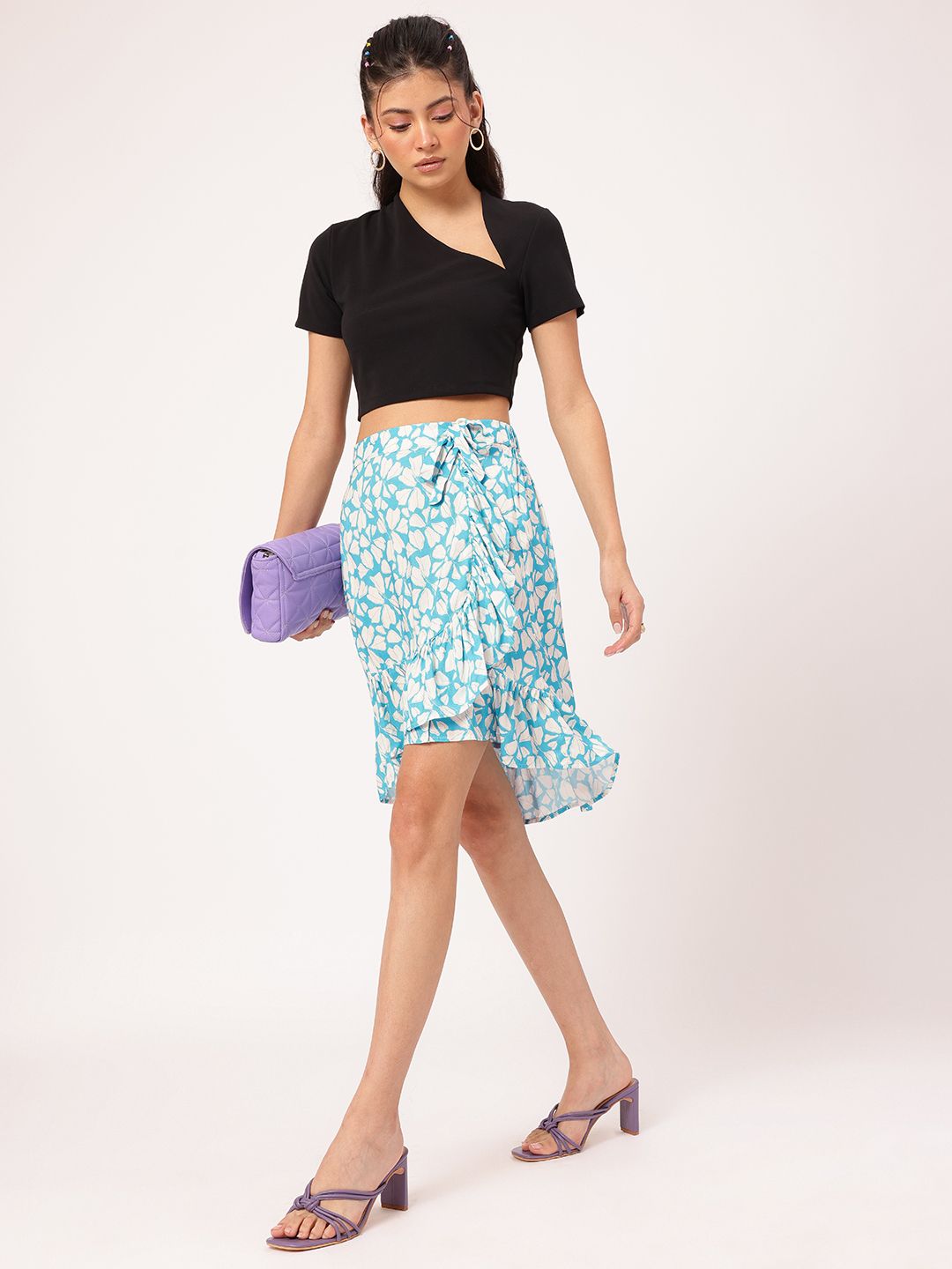DressBerry Floral Fusion Tie-Up Asymmetric Flounce Hem Mini Skirt