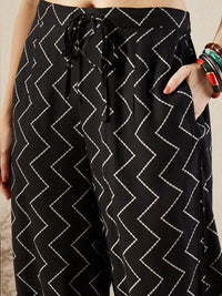 Indo Era Black Floral Printed V-Neck Sequinned A-Line Kurta With Salwar