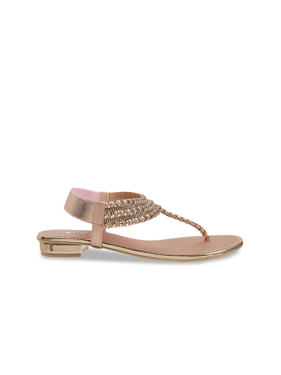 Metro Women Peach-Coloured Embellished Ethnic T-Strap Flats