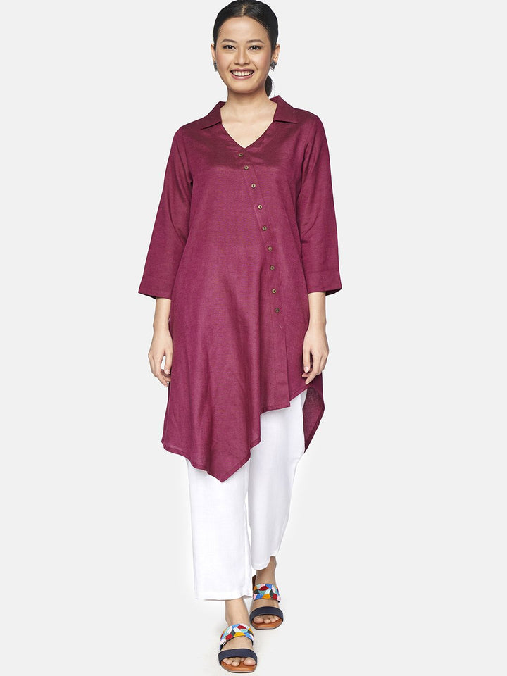 Global Desi Burgundy Viscose Rayon Shirt Collar Tunic with Button Detailing