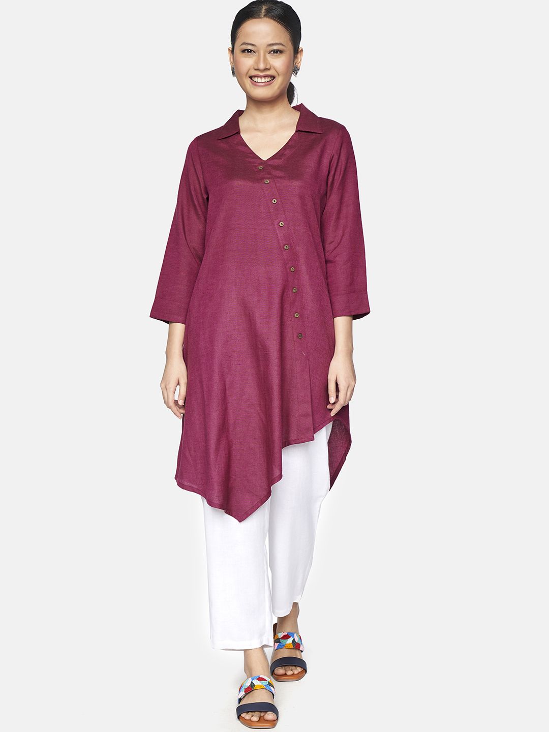 Global Desi Burgundy Viscose Rayon Shirt Collar Tunic with Button Detailing