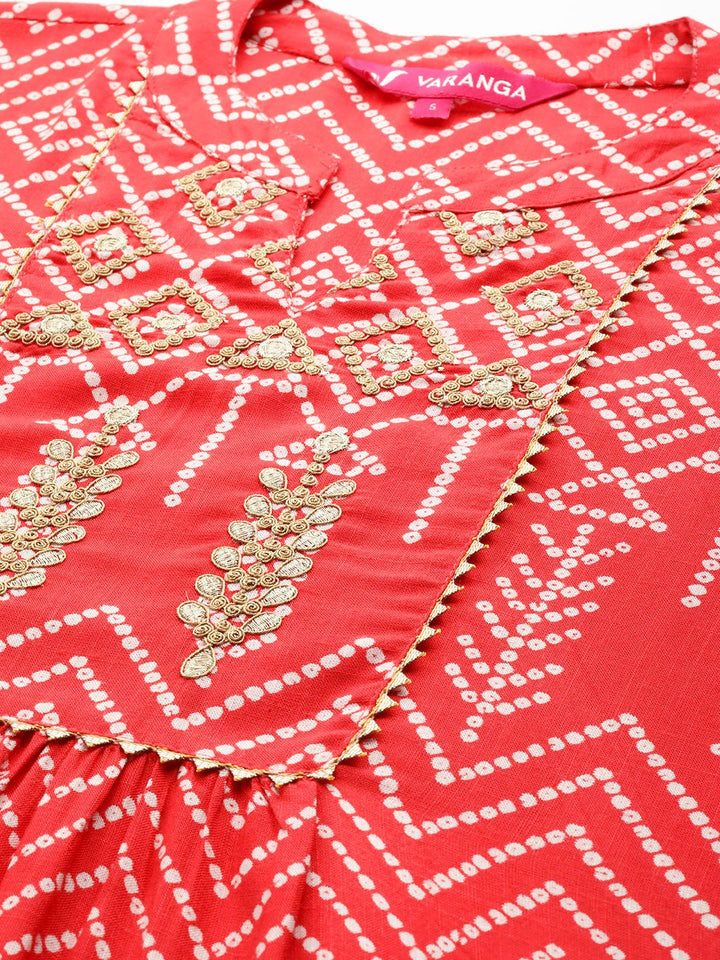 Varanga Women Red & White Bandhani Printed Gotta Patti Indie Prints Kurta