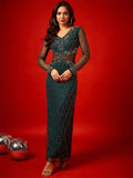 STREET 9 Embellished Long Sleeves Net Sheath Maxi Dress