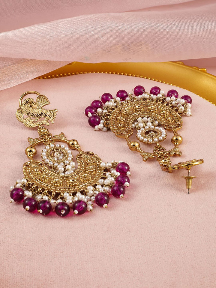 Rubans 18K Gold-Plated Big Chandbali Earrings with Deep Magenta Beads and Pearl Accents