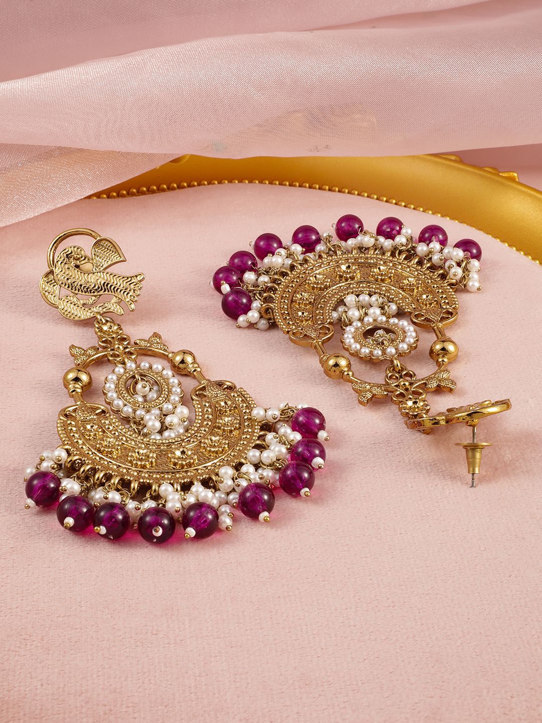 Rubans 18K Gold-Plated Big Chandbali Earrings with Deep Magenta Beads and Pearl Accents