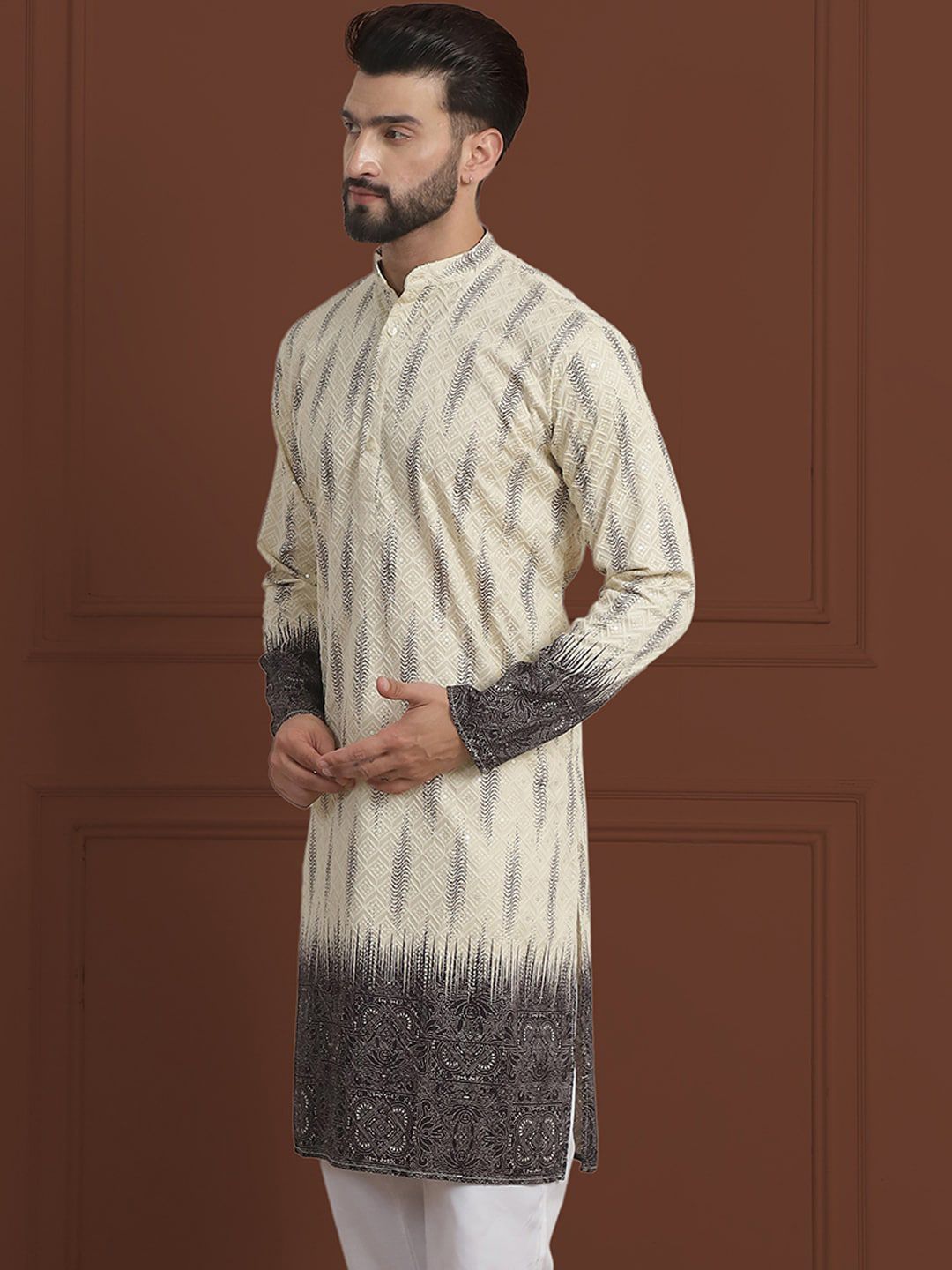 SOJANYA LUXE Kurta Lurus Bersulam Labuci Mandarin Cotton Kolar