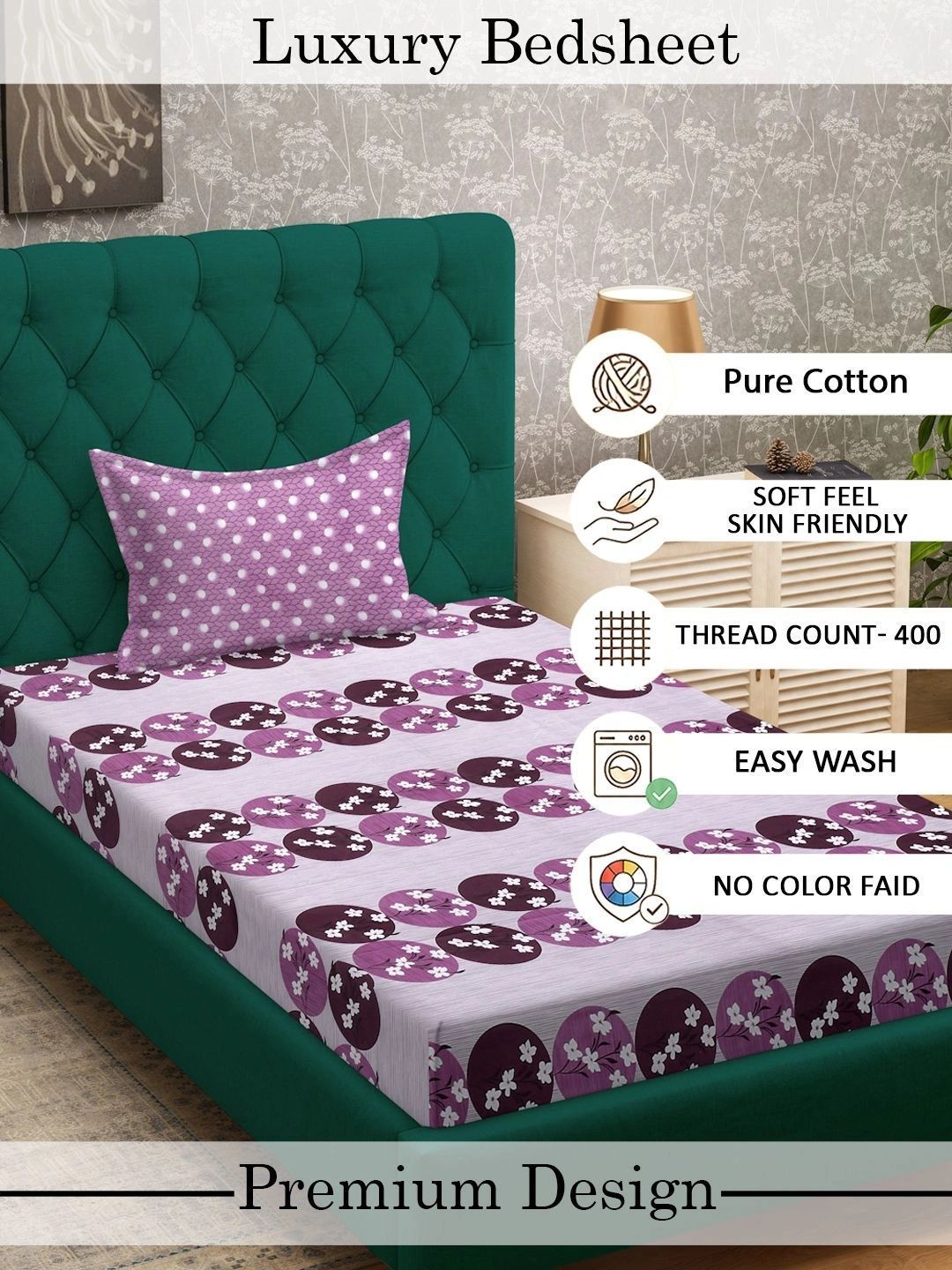 Myntra Elegant Homes Purple Floral 400 TC Single Bedsheet with 1 Pillow Covers