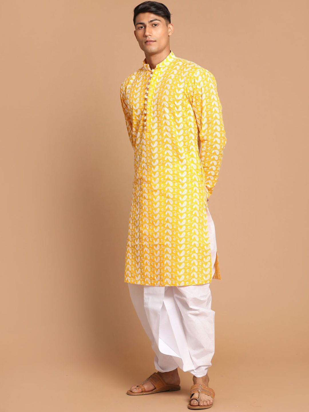 VASTRAMAY Men Orange Ethnic Motifs Embroidered Chikankari Pure Cotton Kurta with Dhoti Pants
