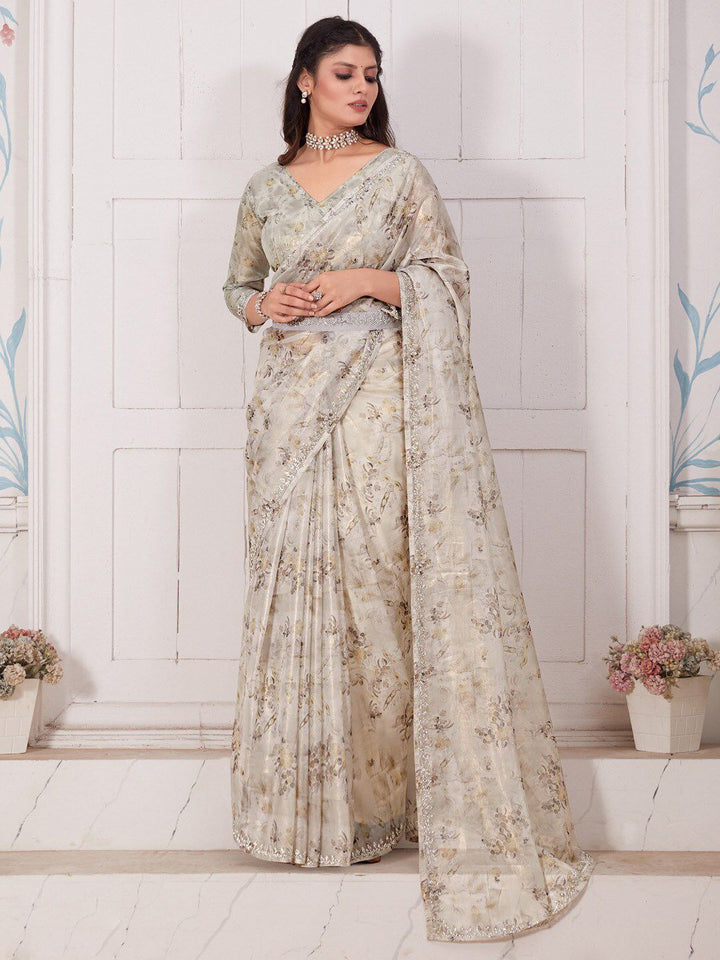 Saree mall Floral Printed Beads & Stones Organza Saree