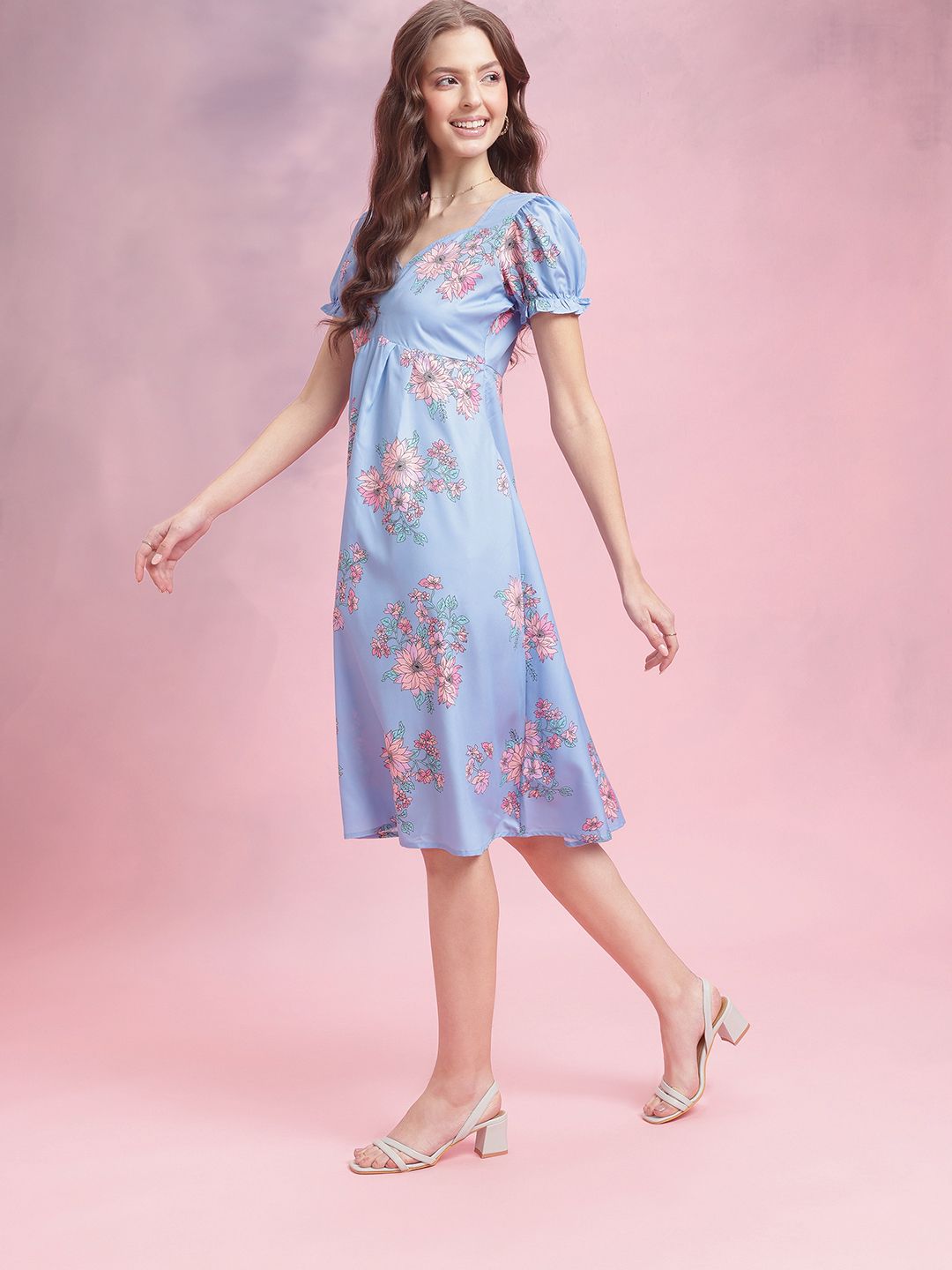 DressBerry Floral Print Puff Sleeves Midi Fit & Flare Dress