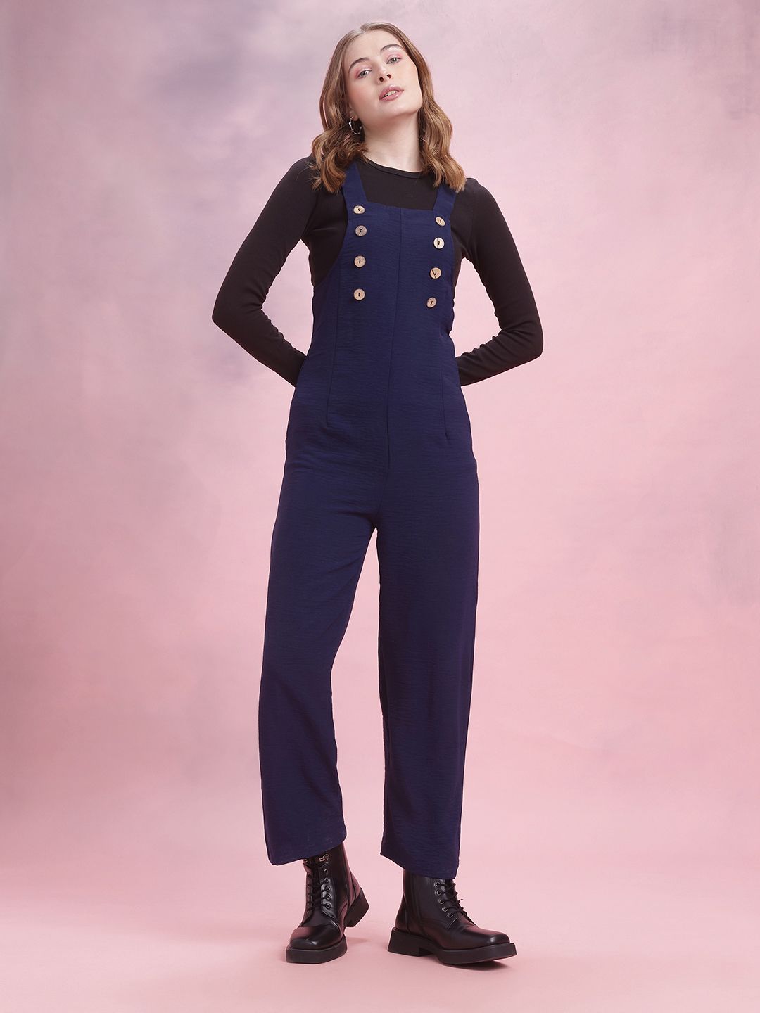 DressBerry Crinkled Effect Shoulder Straps Jumpsuit with Mock Buttons