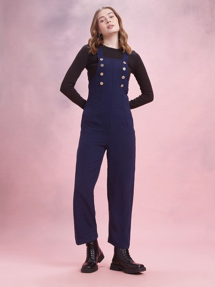 DressBerry Crinkled Effect Shoulder Straps Jumpsuit with Mock Buttons