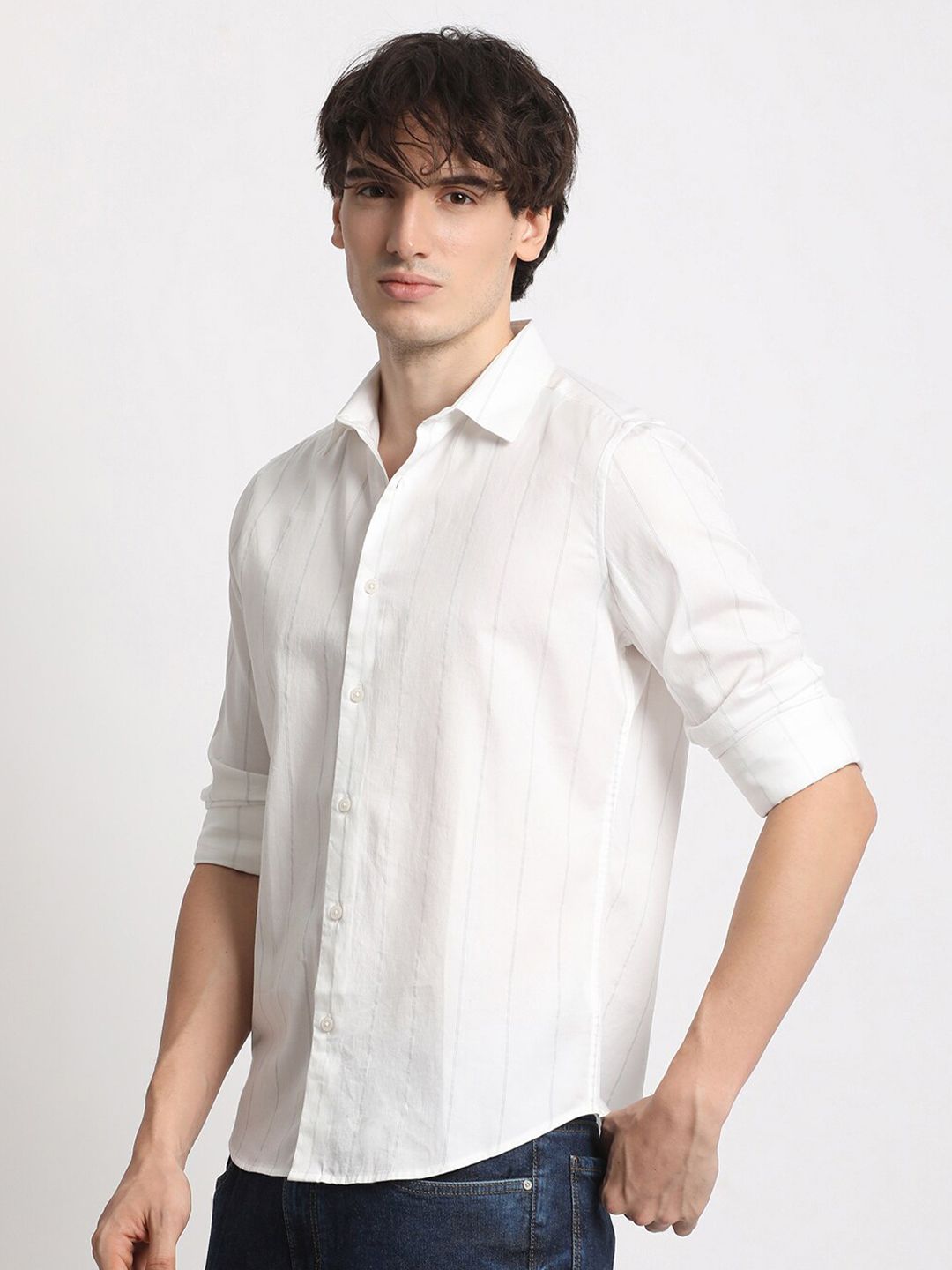 THE BEAR HOUSE Slim Fit Striped Spread Collar Cotton Shirt