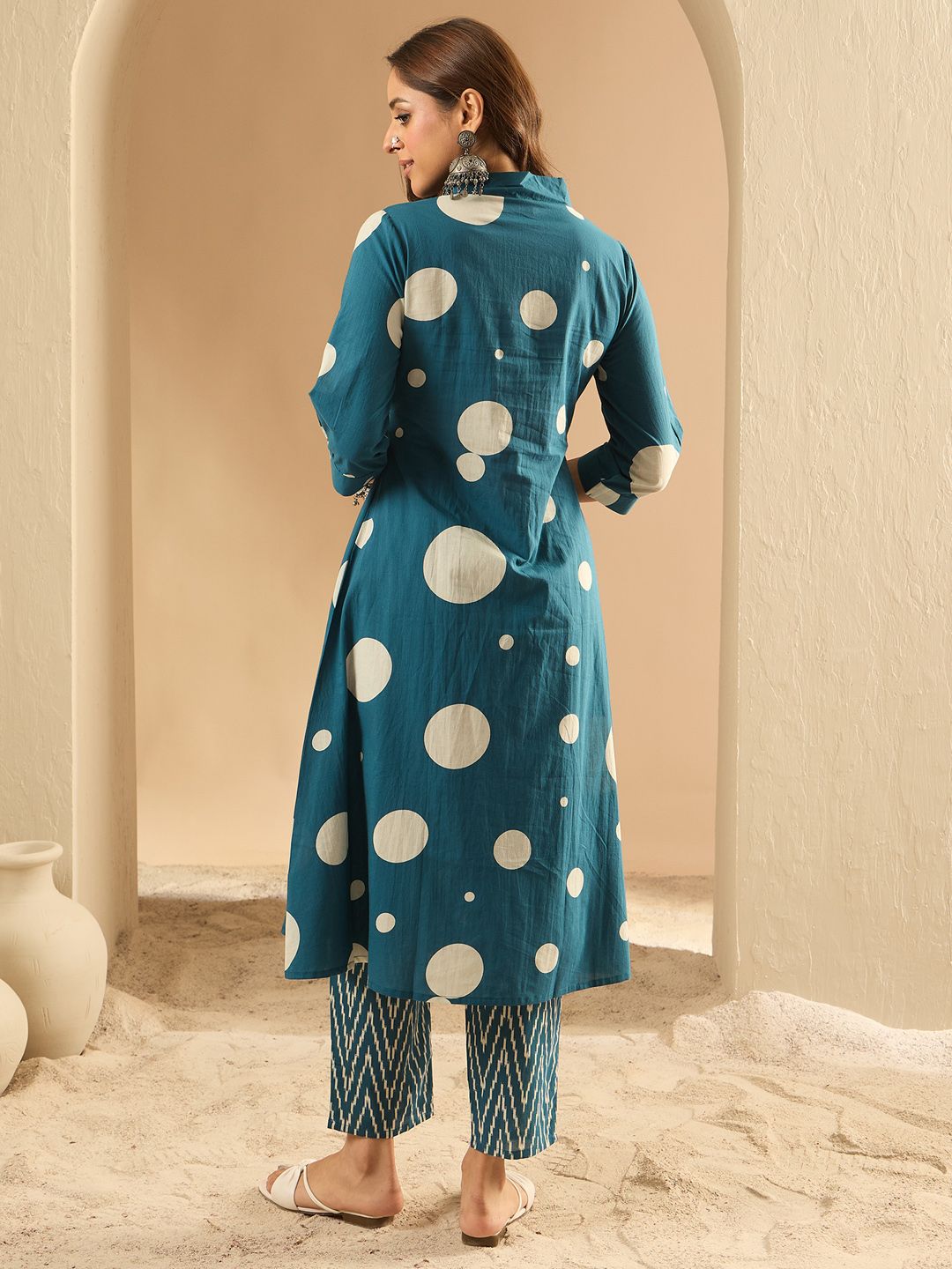 Indo Era Women Printed Pleated Pure Cotton Kurta with Trousers