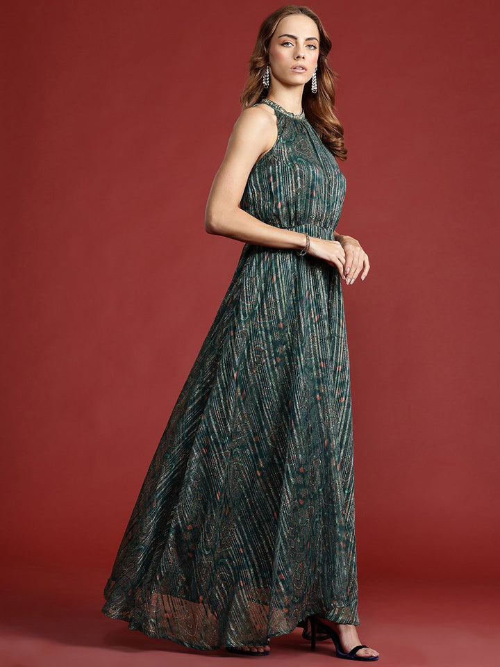 all about you Ethnic Motifs Printed Lurex Stripe Georgette Maxi Dress