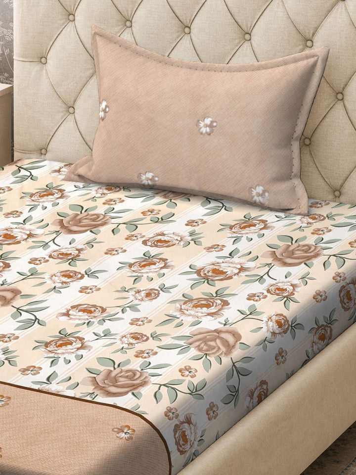 KLOTTHE Brown & White Floral Printed 300TC Single Bedsheet & Pillow Cover