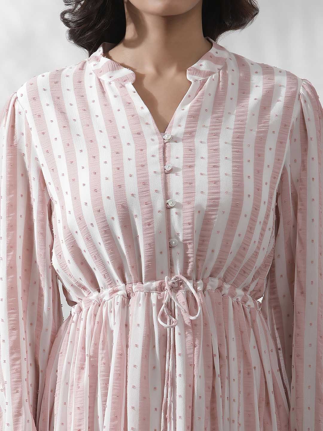 W Striped Notched Neck Puff Sleeves A-Line Opaque Midi Casual Dress