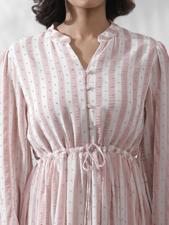 W Striped Notched Neck Puff Sleeves A-Line Opaque Midi Casual Dress