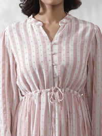 W Striped Notched Neck Puff Sleeves A-Line Opaque Midi Casual Dress