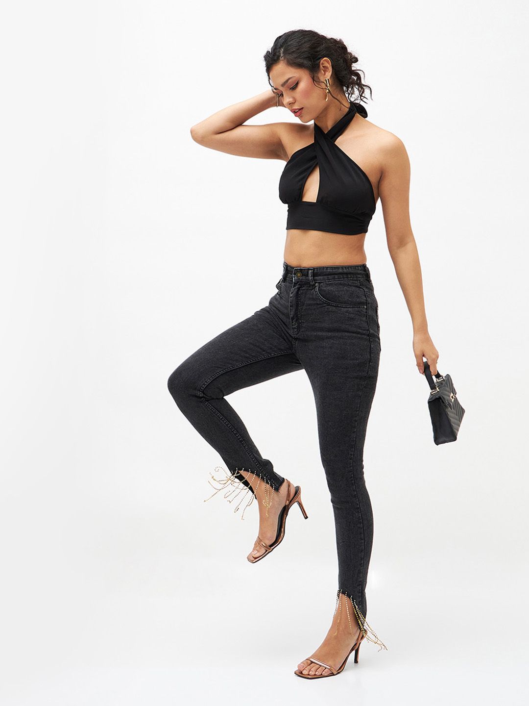 SASSAFRAS Women Black Slim Fit High-Rise Clean Look Embellished Stretchable Jeans
