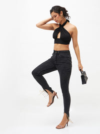 SASSAFRAS Women Black Slim Fit High-Rise Clean Look Embellished Stretchable Jeans
