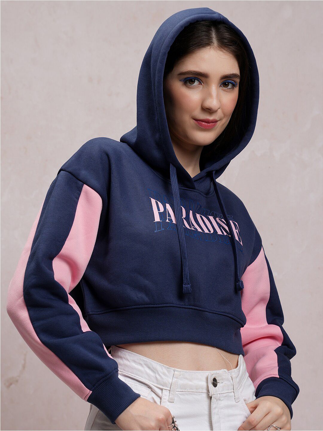Tokyo Talkies Navy Blue Typography Printed Hooded Pullover