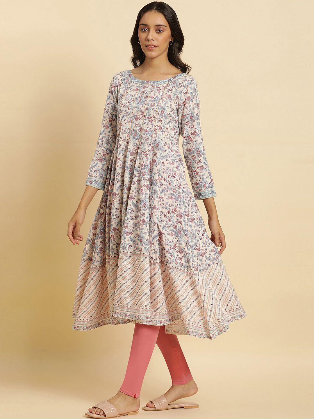 W Cream Floral Printed Gotta Patti Kurta with Churidar & With Dupatta