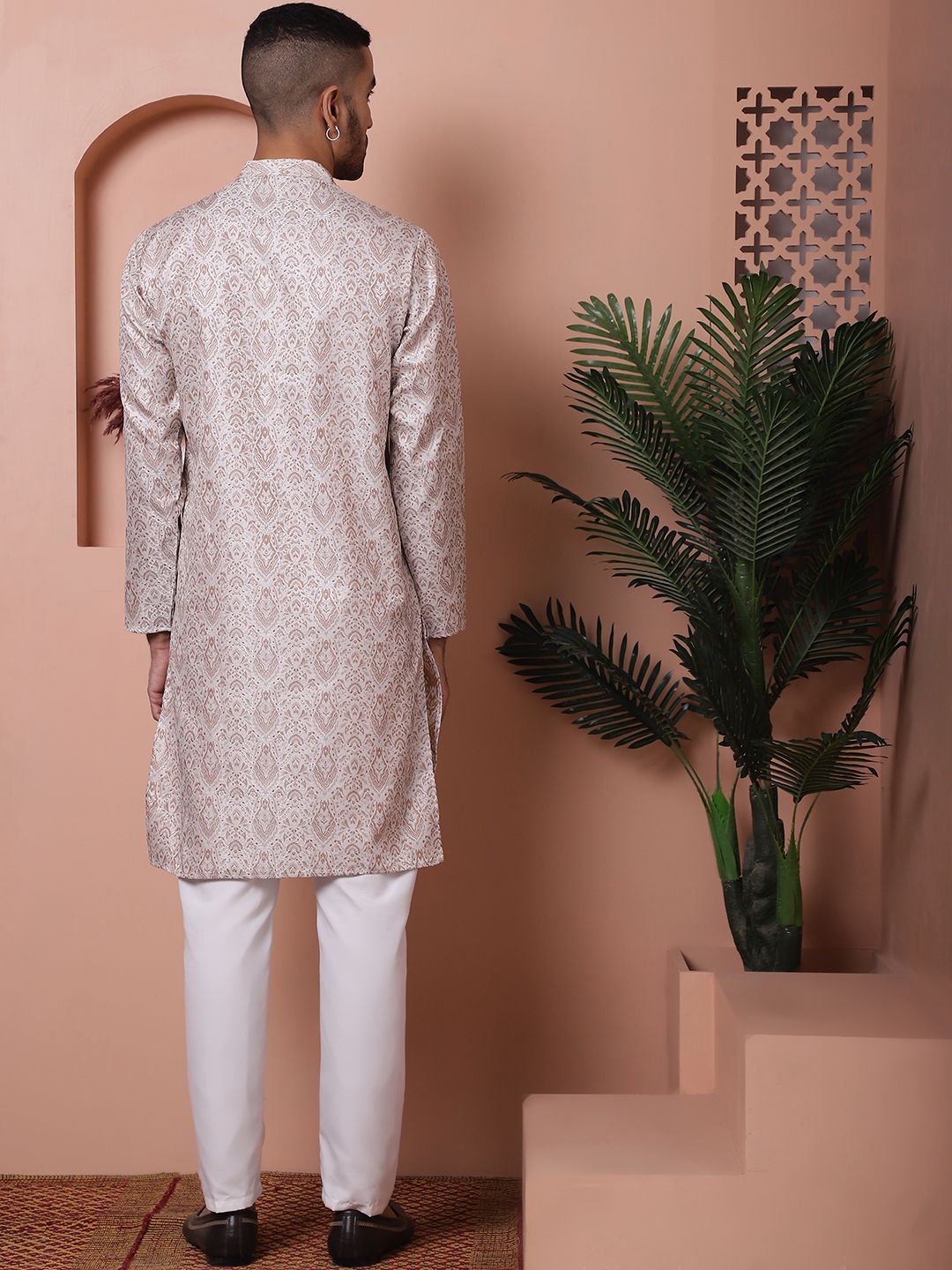 Anouk Brown Ethnic Motifs Woven Design Band Collar Straight Kurta With Pyjamas