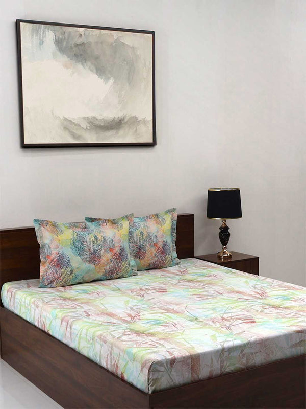 BOMBAY DYEING Fantasque Green Floral Printed Cotton 180 TC King Bedsheet Set 2.74 x 2.74 m